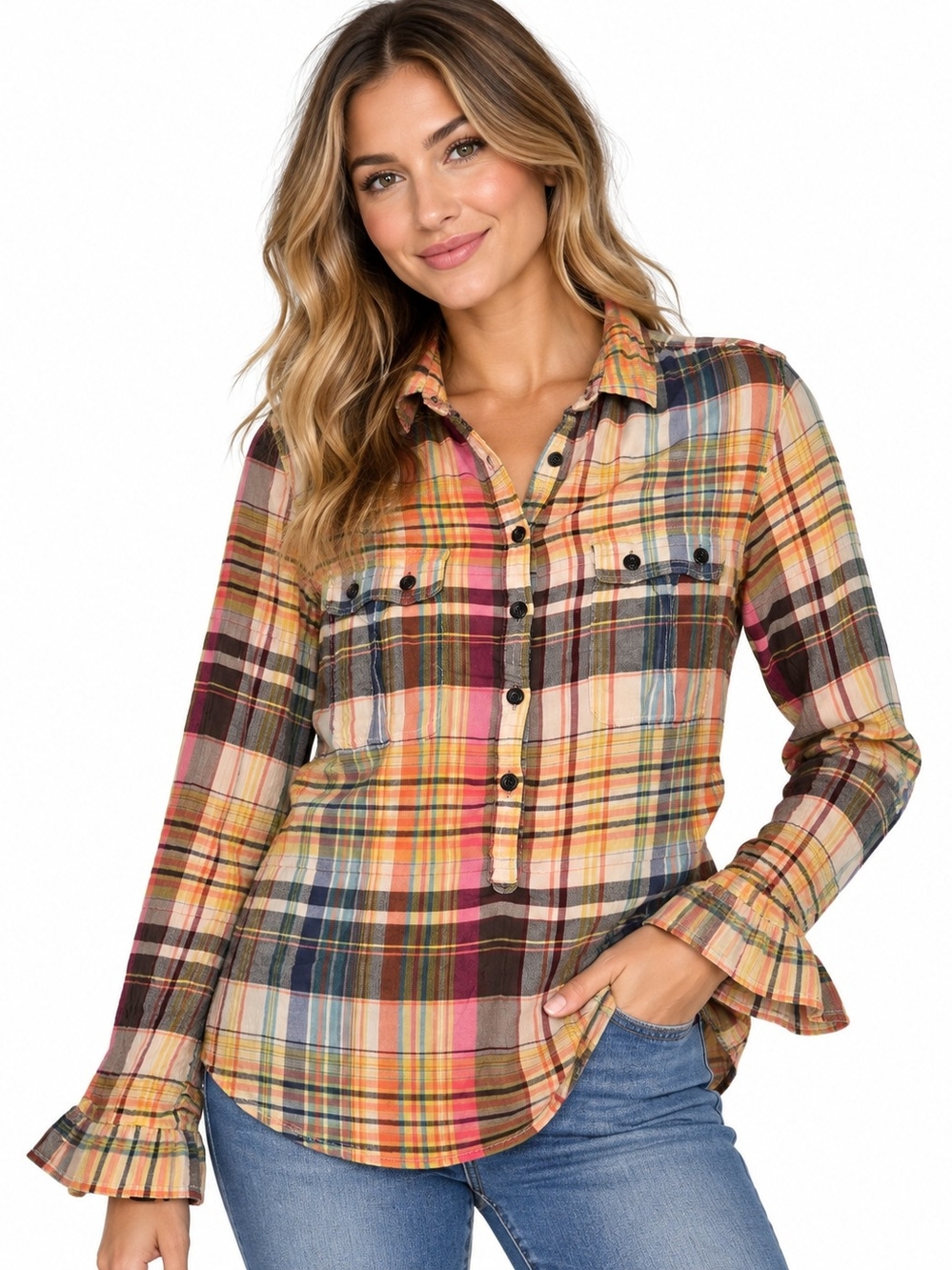 Gap Womens Small Madras Plaid Popover Shirt Ruffle Cuff Multicolor Button Top
